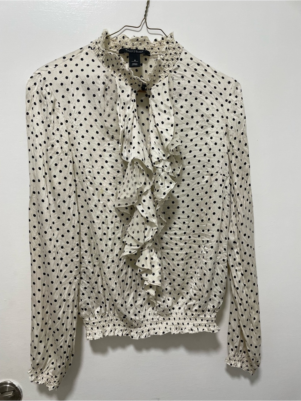 WHBM silk Polka Dot Ruffle Blouse in Cream and Black - Elegant Women's Top